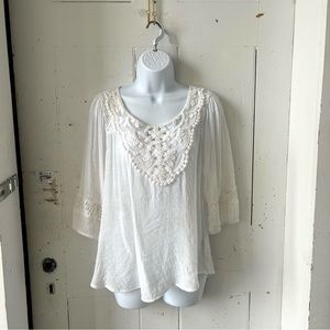 Bobeau Crochet Boho Peasant Blouse Top Shirt